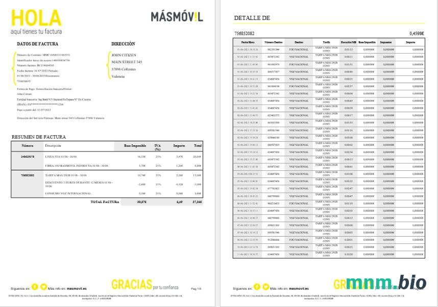 Hiszpania Masmovil Internet rachunek za media Word i PDF formaty, 6 stron